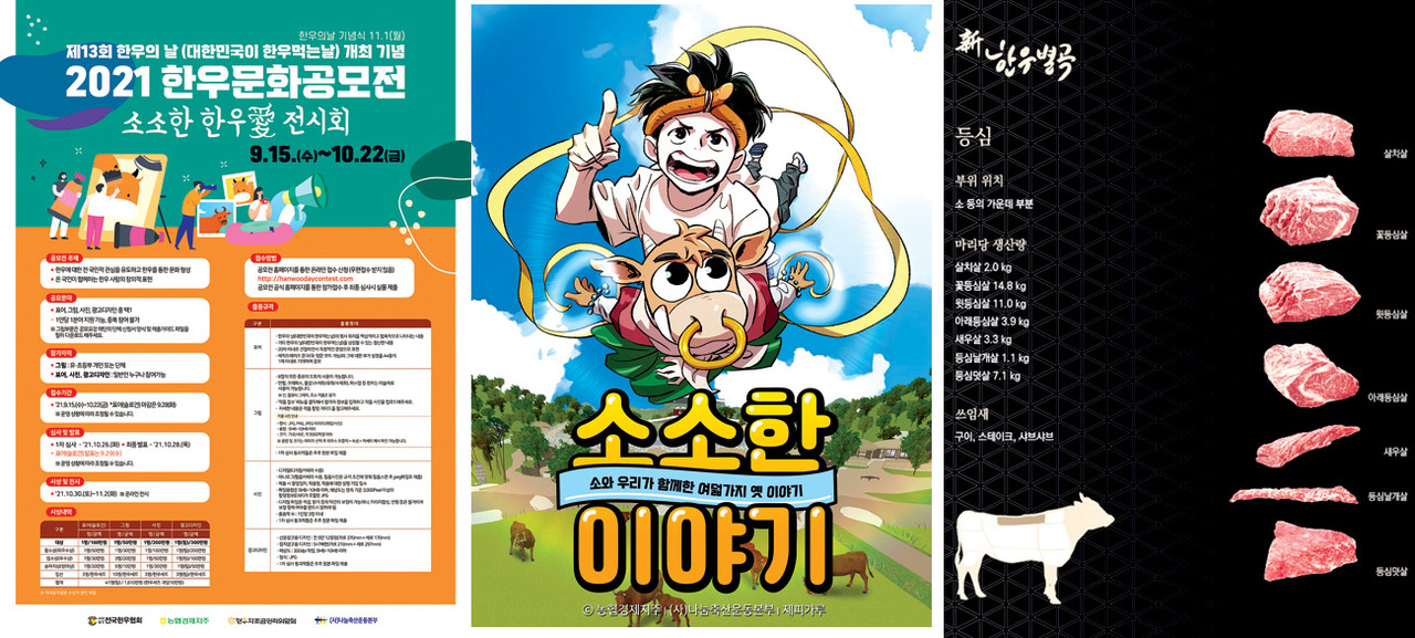 (왼쪽부터) 한우문화공모전 포스터, 웹툰 소소한 이야기 대표 이미지, 신한우별곡 이미지.