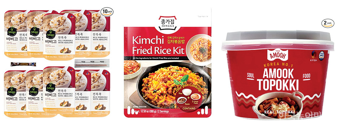 쌀 비중이 높은 한국 가정간편식이 인기를 끌고있다. 왼쪽부터 죽, 김치볶음밥, 떡볶이 제품 사진.