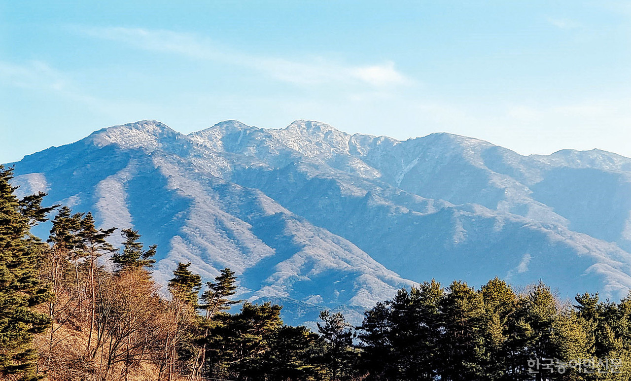 등구사에서 바라본 지리산. 사진 중앙에 우뚝 솟아있는 봉우리가 천왕봉(1915m)이다. 