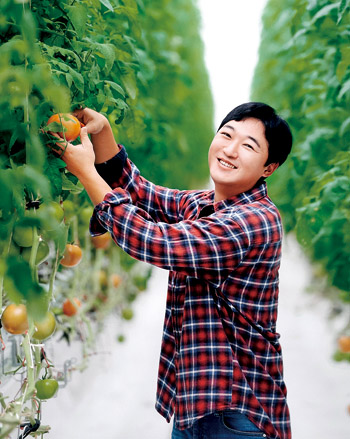 청년농부 김기현(32)씨가 김제 임대형 스마트팜에서 재배 중인 토마토를 보며 웃고 있다.
