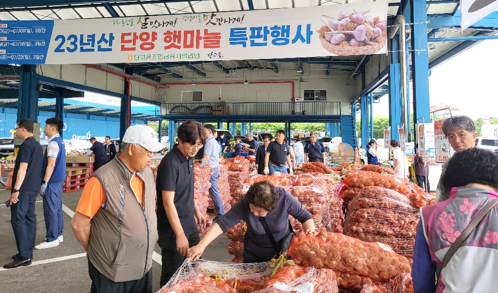 농협유통과 농협하나로유통이 충북지역 농산물 소비 촉진을 위해 농협유통 청주점에서 단양 햇마늘 특판행사를 진행하고 있다.