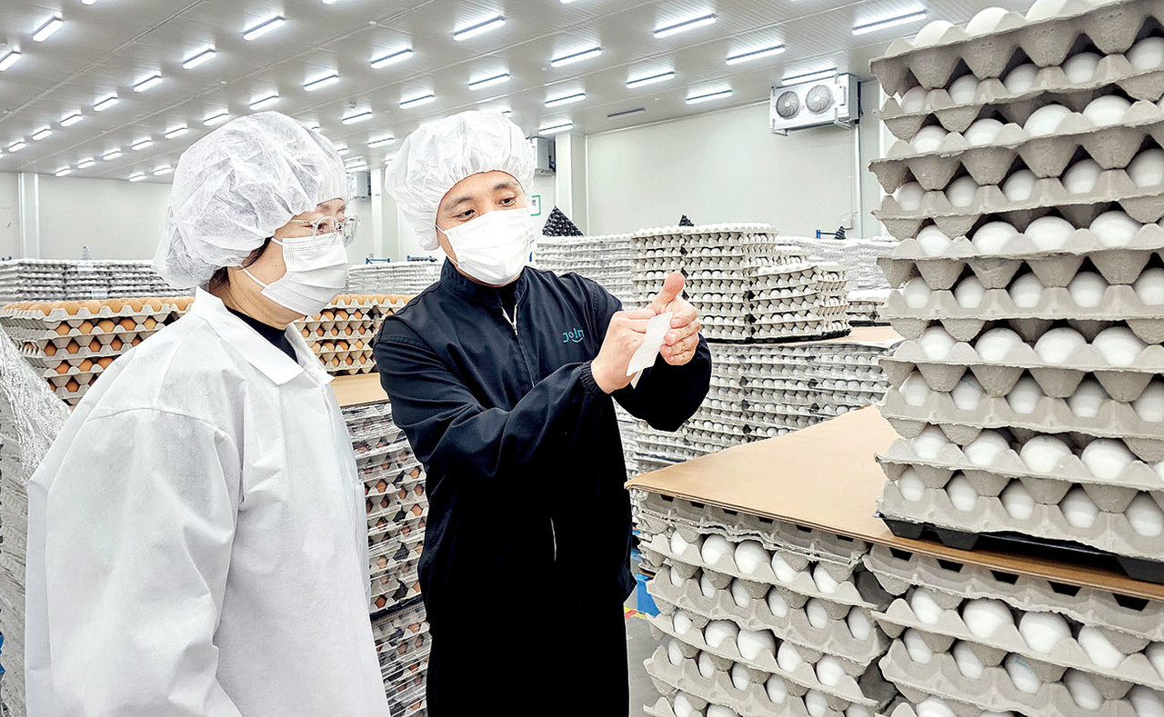 김유미 식약차장(사진 왼쪽)이 식용란 선별·포장 서류 면제에 대한 현장 정착 상황을 점검했다. 