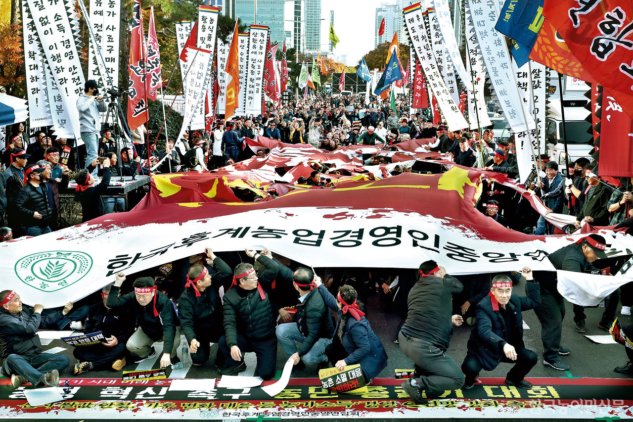 한국후계농업경영인중앙연합회는 12일 서울 여의도 국민은행 인근에서 소속 회원 5000여명이 참석한 가운데 ‘한농연 농정 혁신 촉구 농민 총궐기 대회’를 개최 했다. 대회에 참석한 회원들이 ‘농민이 살아야 나라가 산다’ 문구가 적힌 대형 현수막을 찢는 상징의식을 진행하며 농정 현안에 대한 울분을 표출하고 있다. 김흥진 기자  