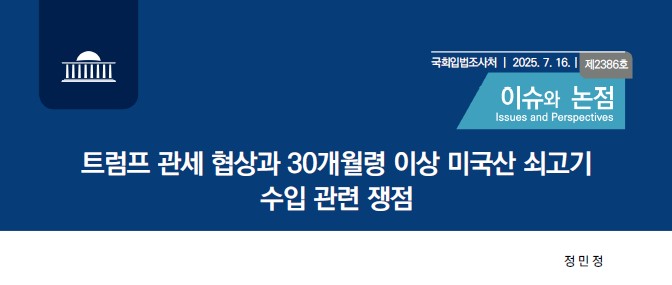 국회 입법조사처가 지난 16일 발행한 '트럼프 관세 협상과 30개월령 이상 미국산 쇠고기 수입 관련 쟁점' 보고서 이미지.