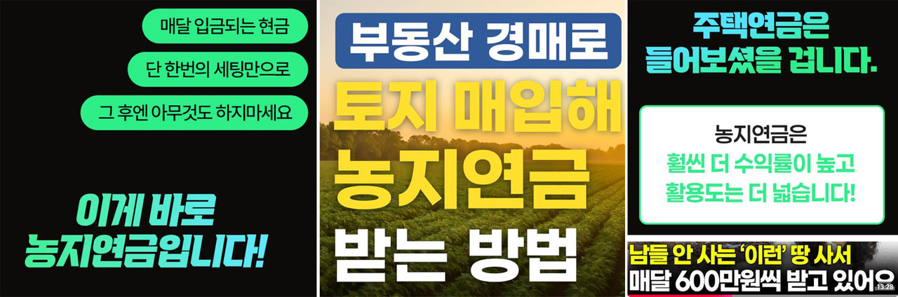 농지를 ‘투자 상품’으로 포장한 각종 강의와 광고 콘텐츠가 온·오프라인을 가리지 않고 우후죽순처럼 확산되며 농지 투기 유혹을 부추기고 있다. 온라인 강의 플랫폼은 물론 포털사이트의 블로그·카페와 동영상 채널에서도 관련 콘텐츠가 손쉽게 발견된다. 사진=각 온라인 채널 캡처